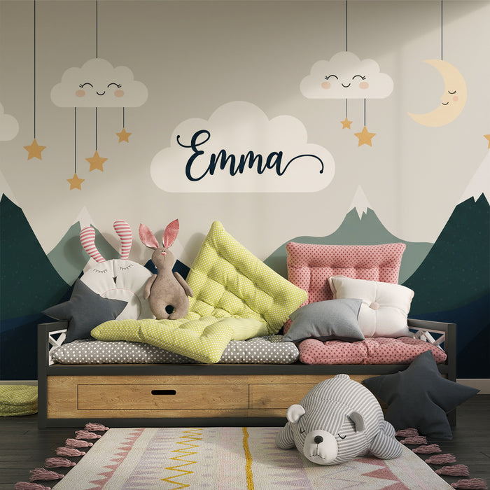 Babyzimmer Tapete | Lächelnde Wolken und beruhigende Berge unter einem sternenklaren Himmel