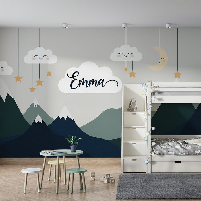 Babyzimmer Tapete | Lächelnde Wolken und beruhigende Berge unter einem sternenklaren Himmel