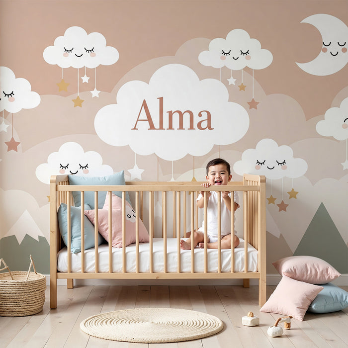 Lastenhuoneen tapetti | Hymyilevät pilvet ja lempeät vuoret pastellisävyissä