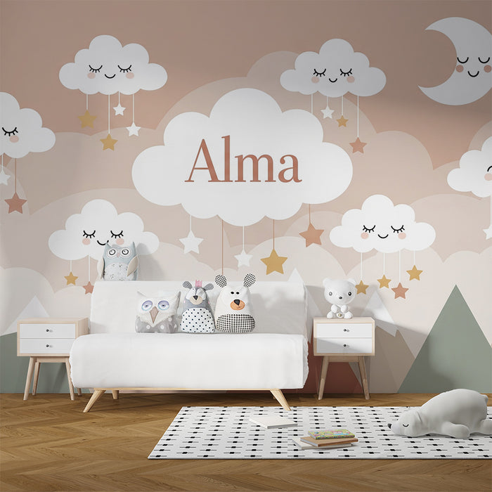 Lastenhuoneen tapetti | Hymyilevät pilvet ja lempeät vuoret pastellisävyissä