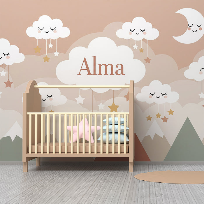Lastenhuoneen tapetti | Hymyilevät pilvet ja lempeät vuoret pastellisävyissä
