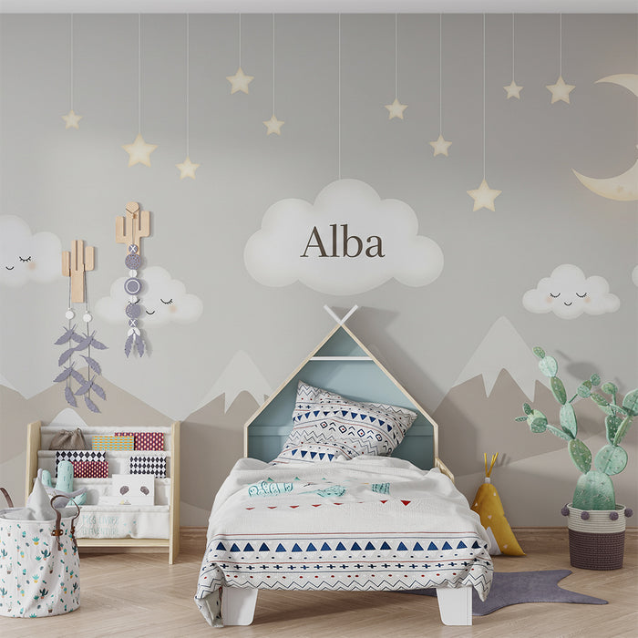 Babyzimmer Tapete | Lächelnde Wolken und sanfte Berge unter einem Sternenhimmel