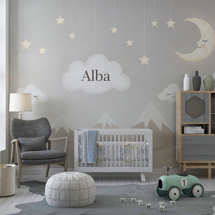 Babyzimmer Tapete | Lächelnde Wolken und sanfte Berge unter einem Sternenhimmel