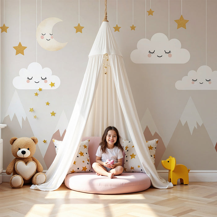 Papier de parede izba pre bábätko | Úsmevité oblaky a pastelové hory pod hviezdnou oblohou