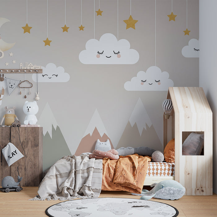 Papier de parede izba pre bábätko | Úsmevité oblaky a pastelové hory pod hviezdnou oblohou