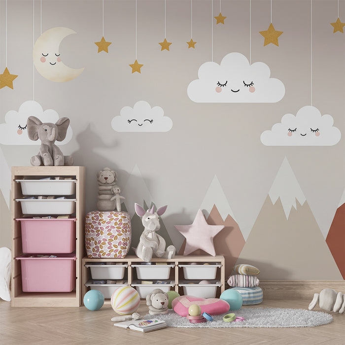Papier de parede izba pre bábätko | Úsmevité oblaky a pastelové hory pod hviezdnou oblohou
