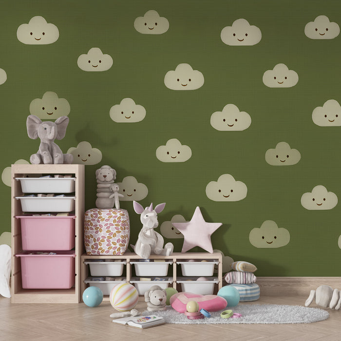 Babyzimmer Tapete | Lächelnde Wolken auf grünem Hintergrund