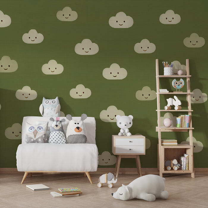 Babyzimmer Tapete | Lächelnde Wolken auf grünem Hintergrund