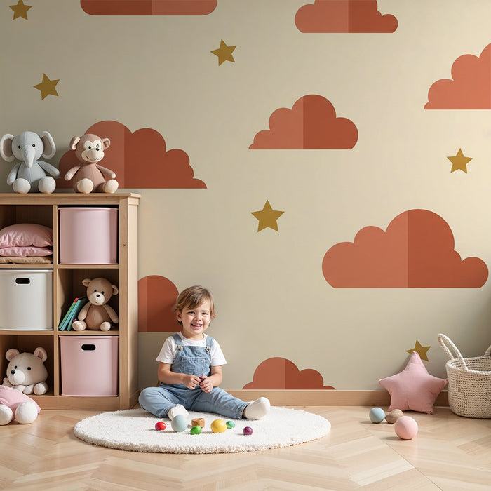 Tapet pentru camera de copii | Nori terracotta cu stele aurii pe fundal crem