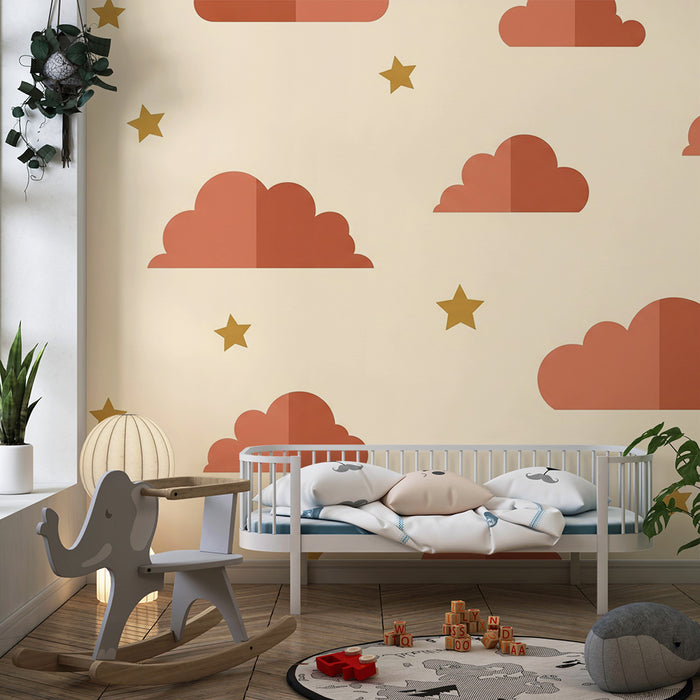 Tapet pentru camera de copii | Nori terracotta cu stele aurii pe fundal crem