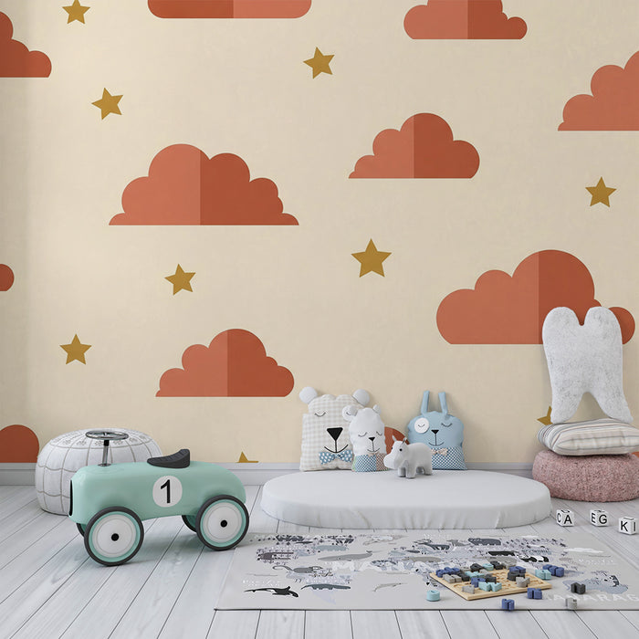 Tapet pentru camera de copii | Nori terracotta cu stele aurii pe fundal crem