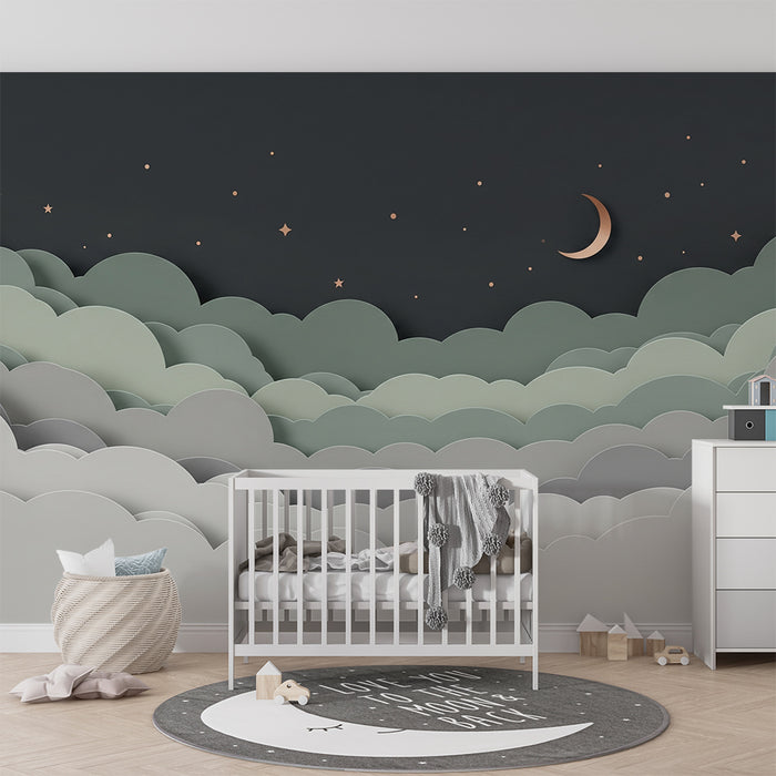 Papel de parede quarto bebê | Nuvens verde cinza e céu estrelado com lua