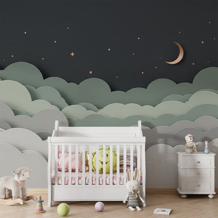 Papel de parede quarto bebê | Nuvens verde cinza e céu estrelado com lua