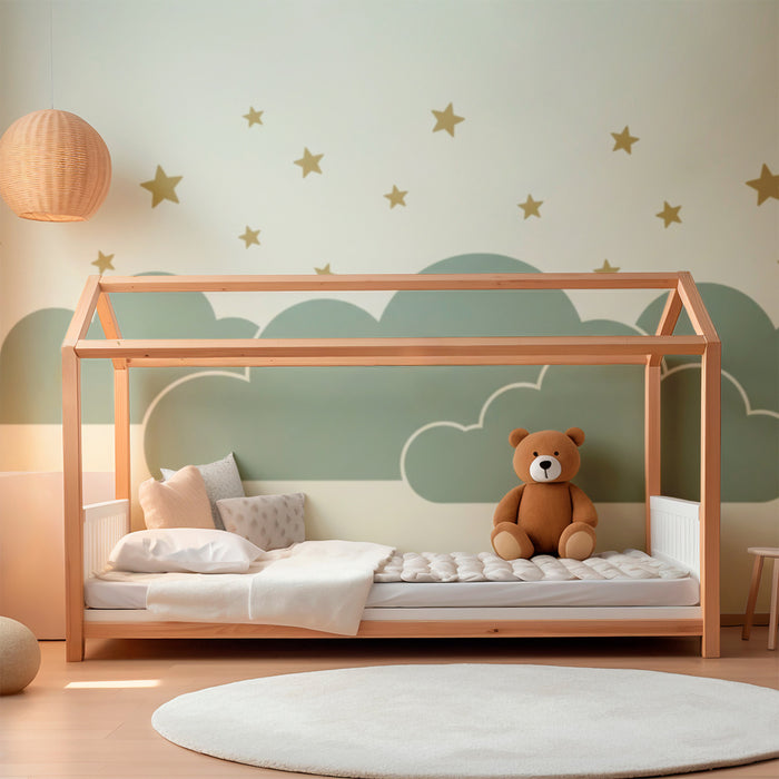 Papier de parede izba pre bábätko | Sivé oblaky a zlaté hviezdy