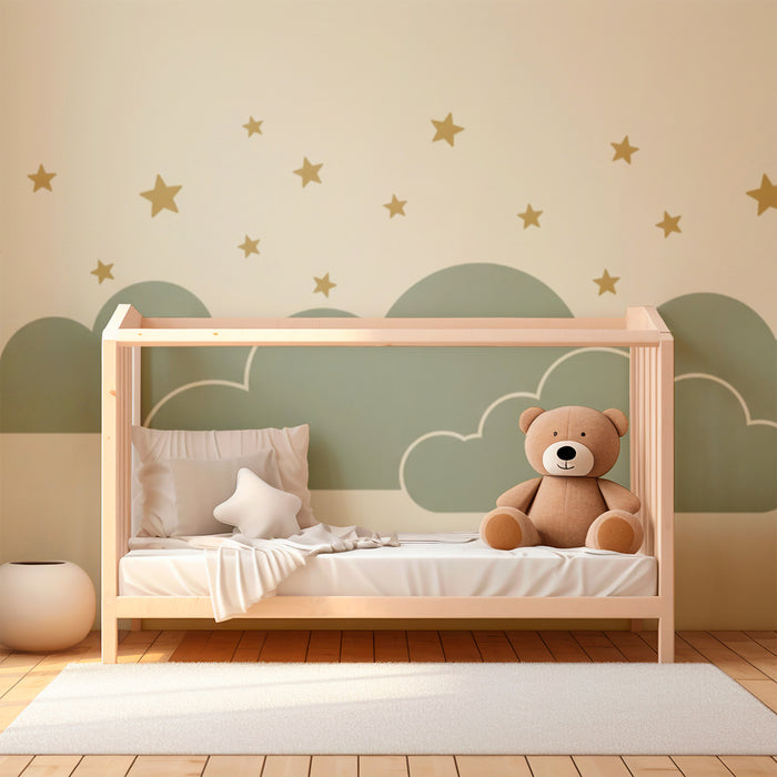 Papier de parede izba pre bábätko | Sivé oblaky a zlaté hviezdy