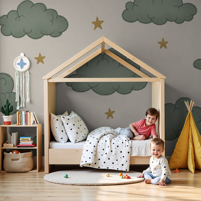 Papel de parede quarto bebê | Zelene oblake i zlatne zvijezde na krem ​​podlozi