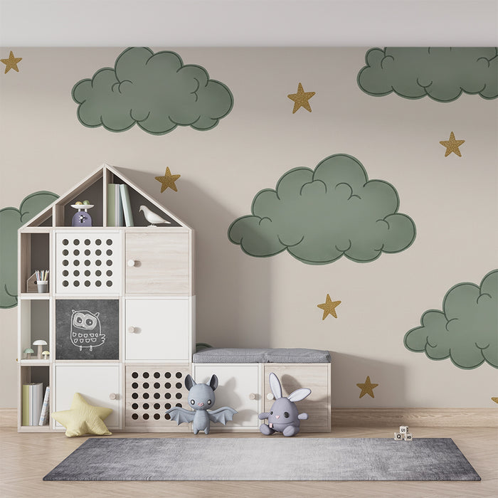 Papel de parede quarto bebê | Zelene oblake i zlatne zvijezde na krem ​​podlozi