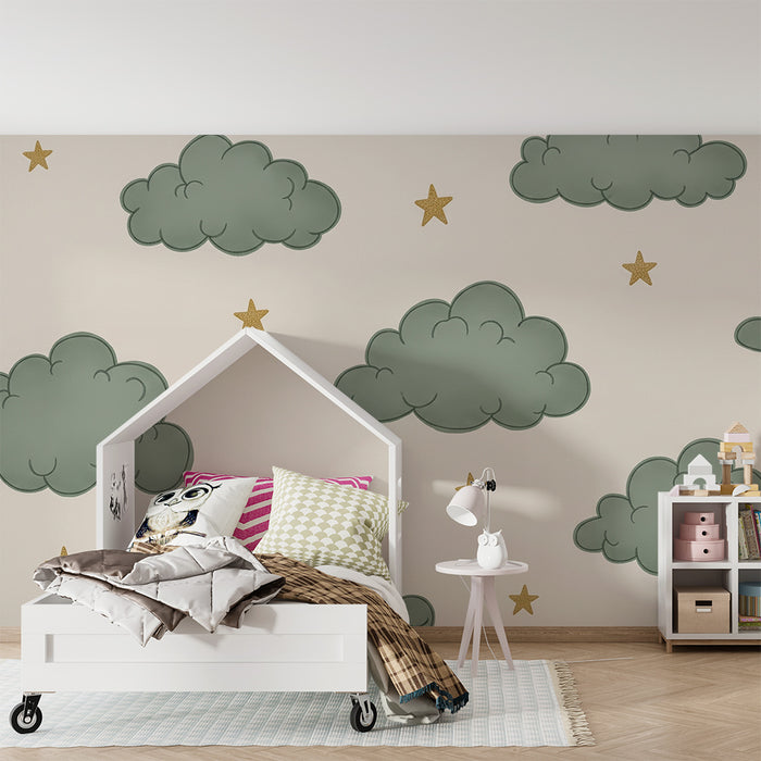 Papel de parede quarto bebê | Zelene oblake i zlatne zvijezde na krem ​​podlozi