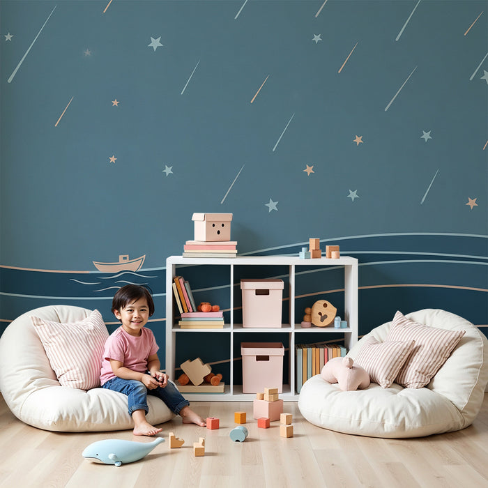 Babykamer behang | Sterrennacht met boot op een rustige zee