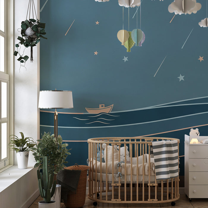 Babykamer behang | Sterrennacht met boot op een rustige zee
