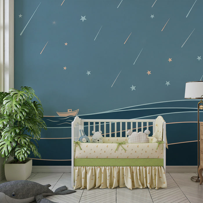 Babykamer behang | Sterrennacht met boot op een rustige zee