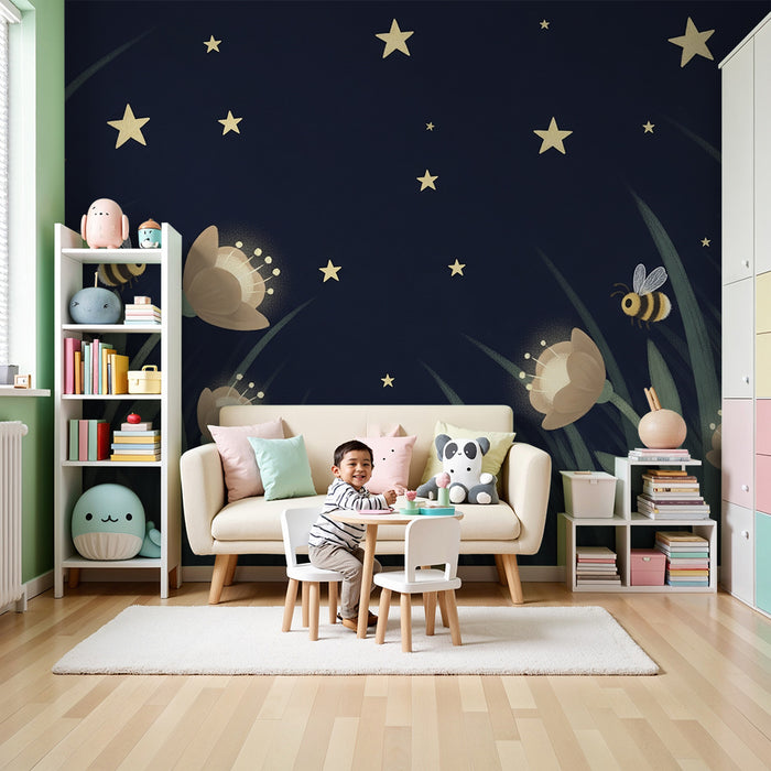 Papel de parede quarto bebê | Zvezdniška noč z rožami in čebelami