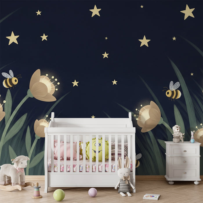 Papel de parede quarto bebê | Zvezdniška noč z rožami in čebelami