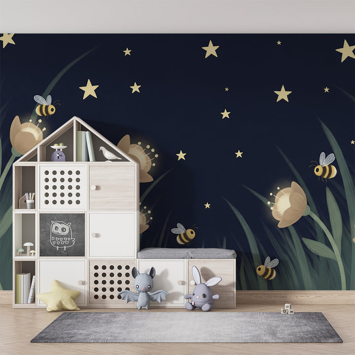 Papel de parede quarto bebê | Zvezdniška noč z rožami in čebelami