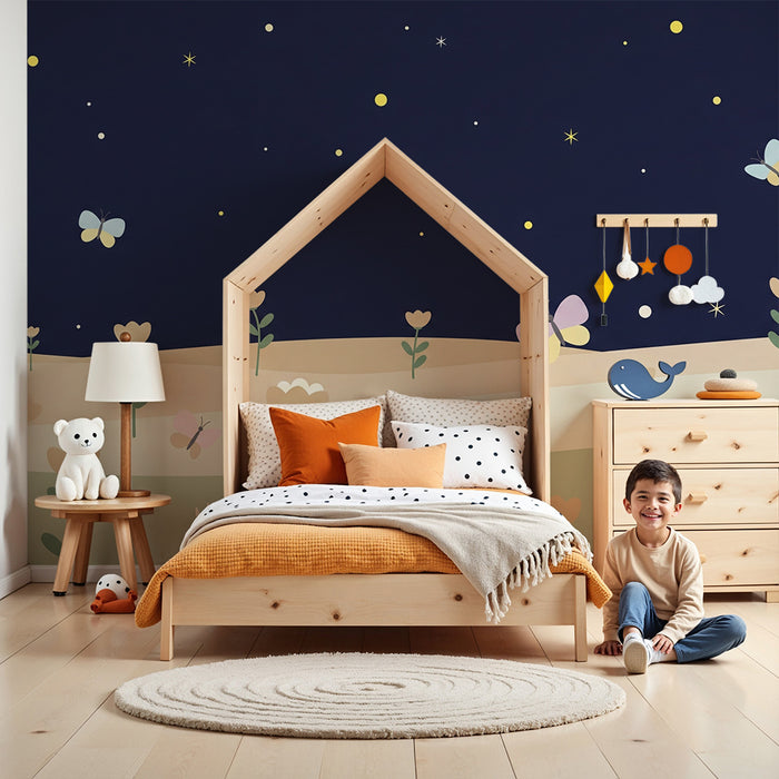 Lastenhuoneen tapetti | Tähtitaivas kukilla ja perhosilla