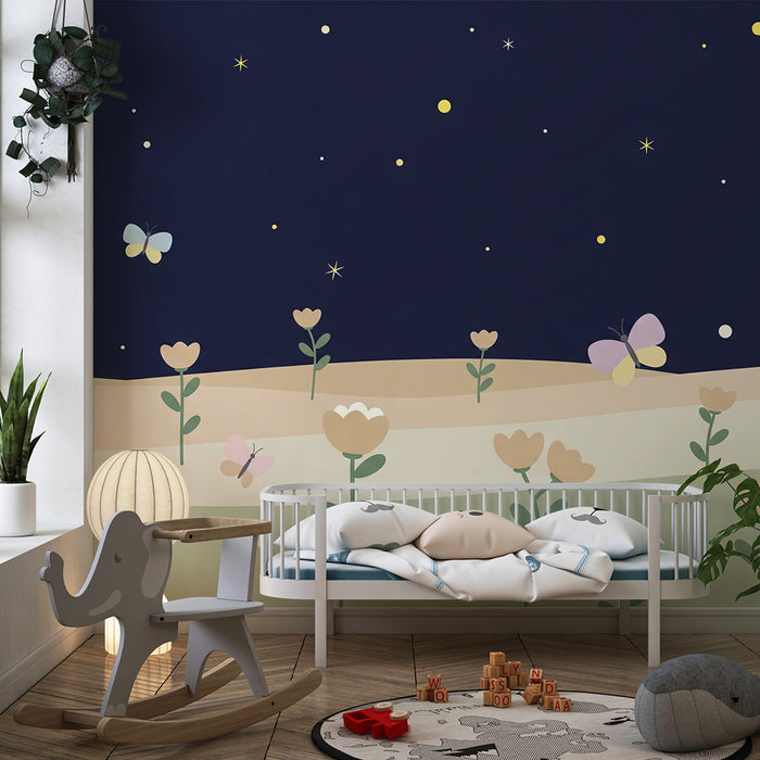 Lastenhuoneen tapetti | Tähtitaivas kukilla ja perhosilla