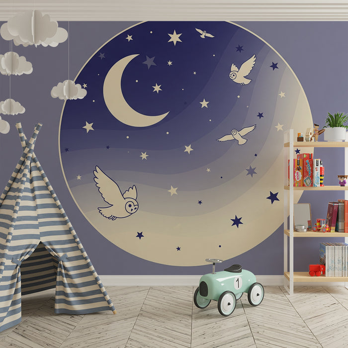 Barntapet | Stjärnklar natt med ugglor och mjuk måne