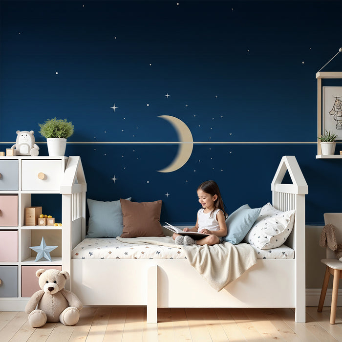 Lastenhuoneen tapetti | Tähtiyö kuun ja syvän taivaan kanssa