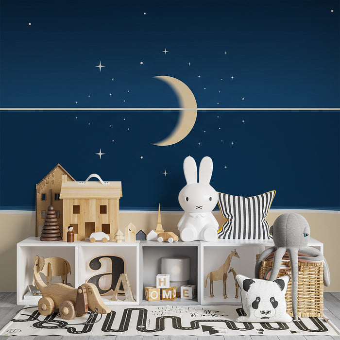 Lastenhuoneen tapetti | Tähtiyö kuun ja syvän taivaan kanssa