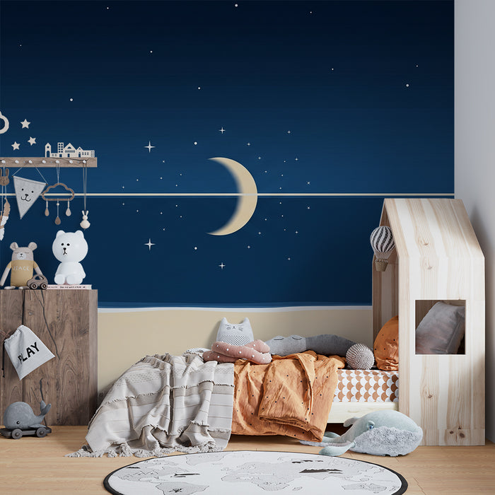 Lastenhuoneen tapetti | Tähtiyö kuun ja syvän taivaan kanssa