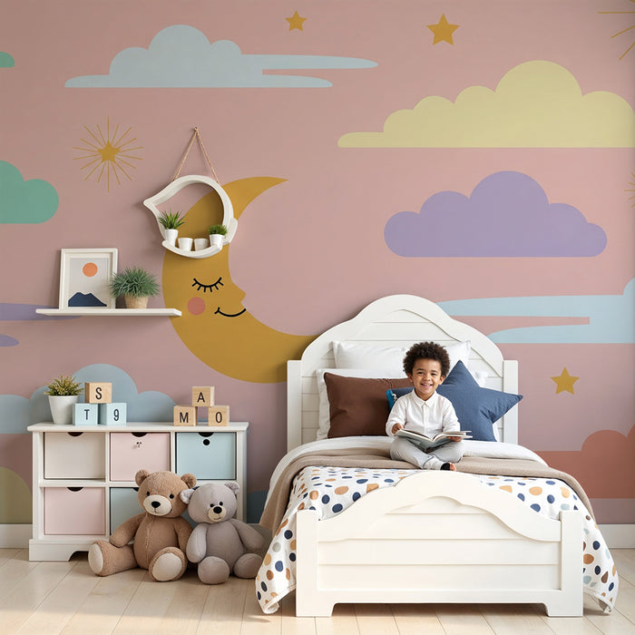 Lastenhuoneen tapetti | Tähtiyö hymyilevän kuun kanssa