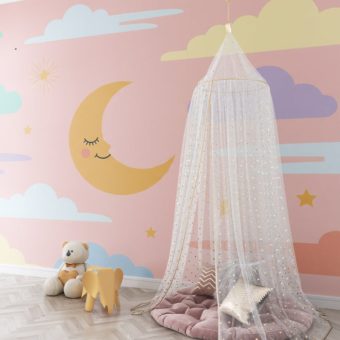 Lastenhuoneen tapetti | Tähtiyö hymyilevän kuun kanssa