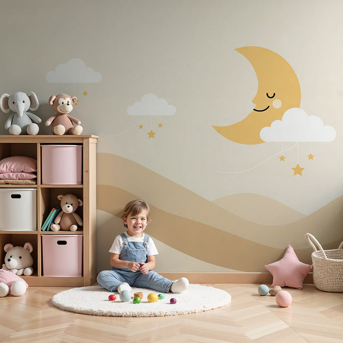 Lastenhuoneen tapetti | Tähtitaivas hymyilevällä kuulla ja beigeillä vuorilla