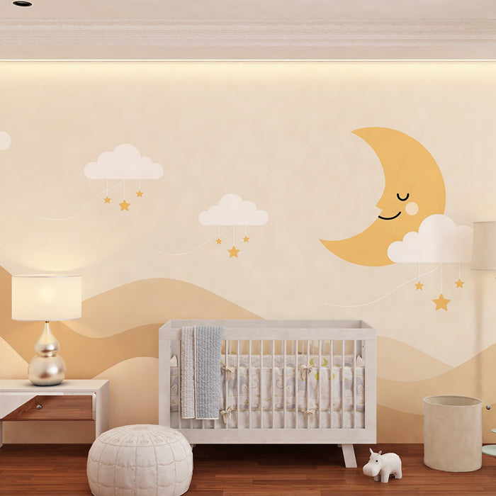 Lastenhuoneen tapetti | Tähtitaivas hymyilevällä kuulla ja beigeillä vuorilla