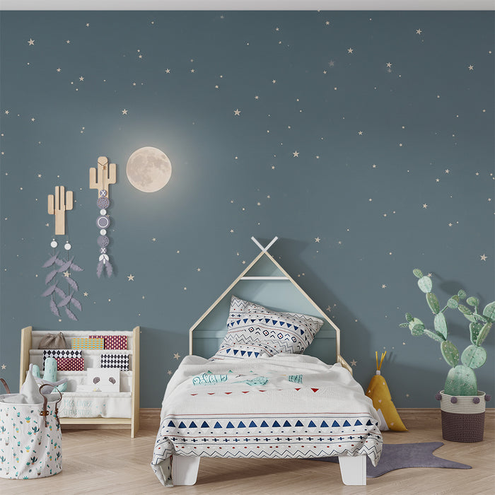 Lastenhuoneen tapetti | Tähtiyö kuun kanssa sinisellä taustalla