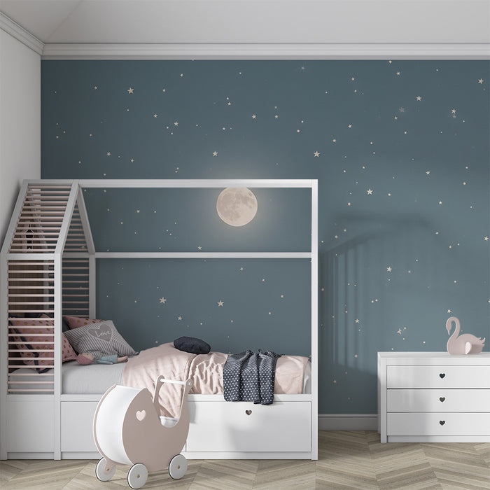 Lastenhuoneen tapetti | Tähtiyö kuun kanssa sinisellä taustalla