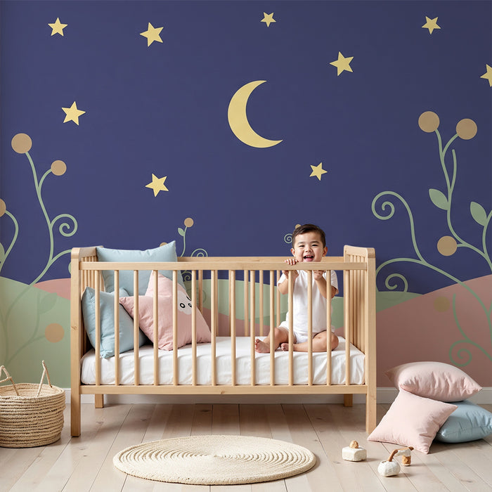 Papel de parede quarto bebê | Zvezdna noč in nežni cvetovi