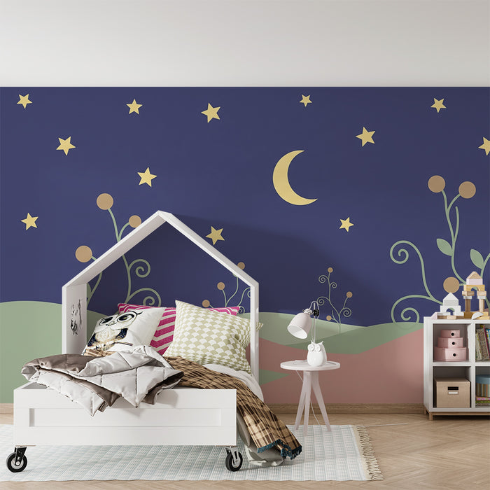 Papel de parede quarto bebê | Zvezdna noč in nežni cvetovi