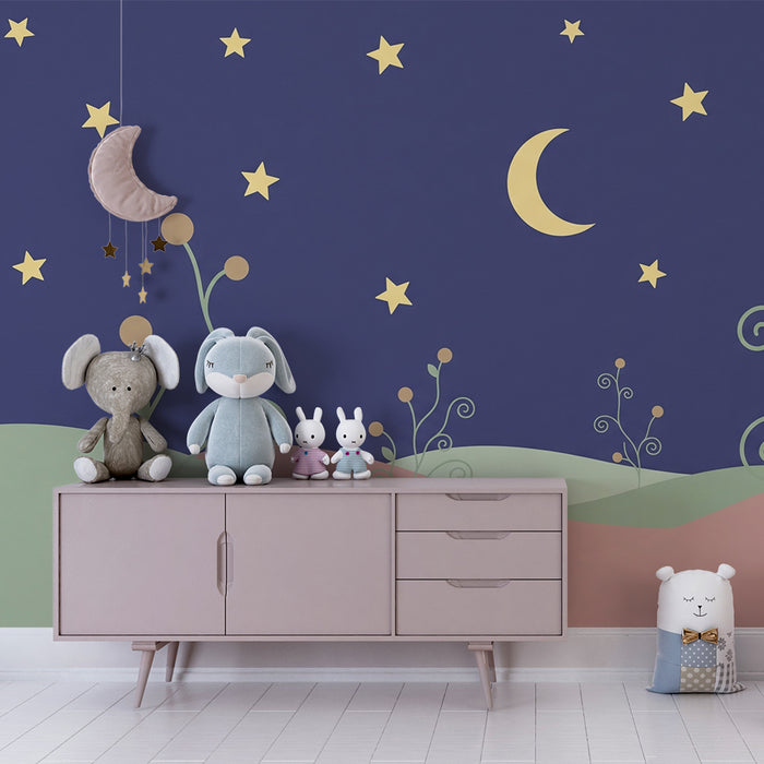 Papel de parede quarto bebê | Zvezdna noč in nežni cvetovi