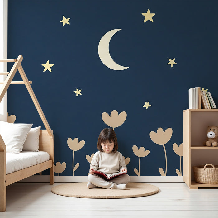 Lastenhuoneen tapetti | Tähtiyö ja lempeät kukat