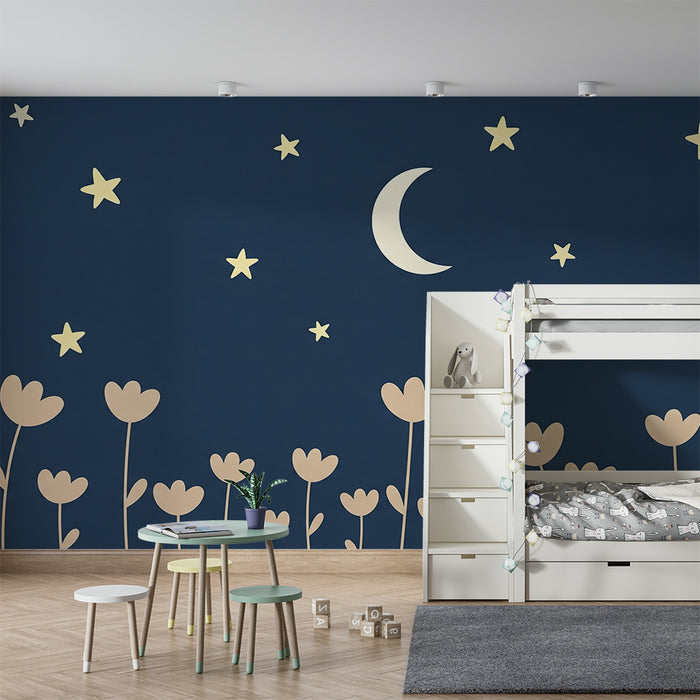 Lastenhuoneen tapetti | Tähtiyö ja lempeät kukat
