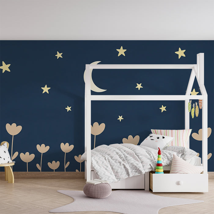 Lastenhuoneen tapetti | Tähtiyö ja lempeät kukat