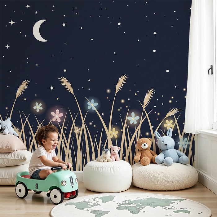 Papel de parede quarto bebê | Zvezdna noč in osvetljene rože