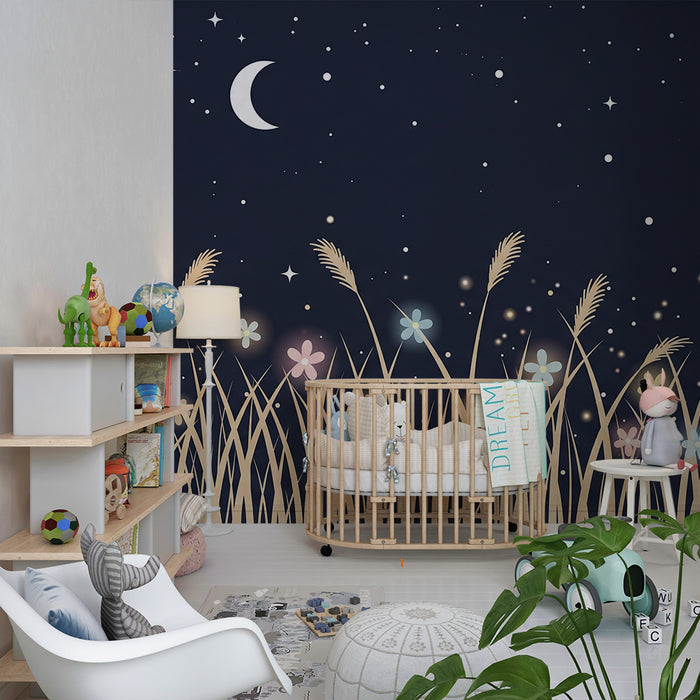 Papel de parede quarto bebê | Zvezdna noč in osvetljene rože
