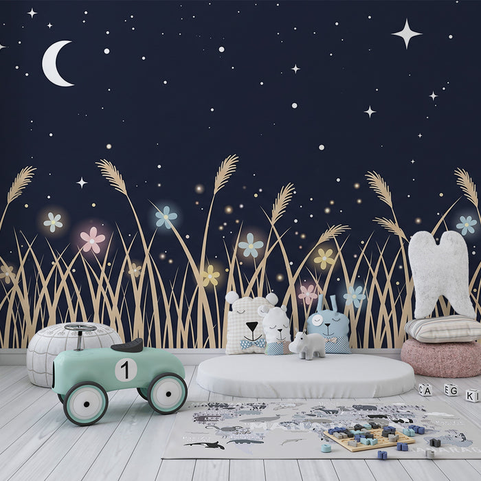 Papel de parede quarto bebê | Zvezdna noč in osvetljene rože