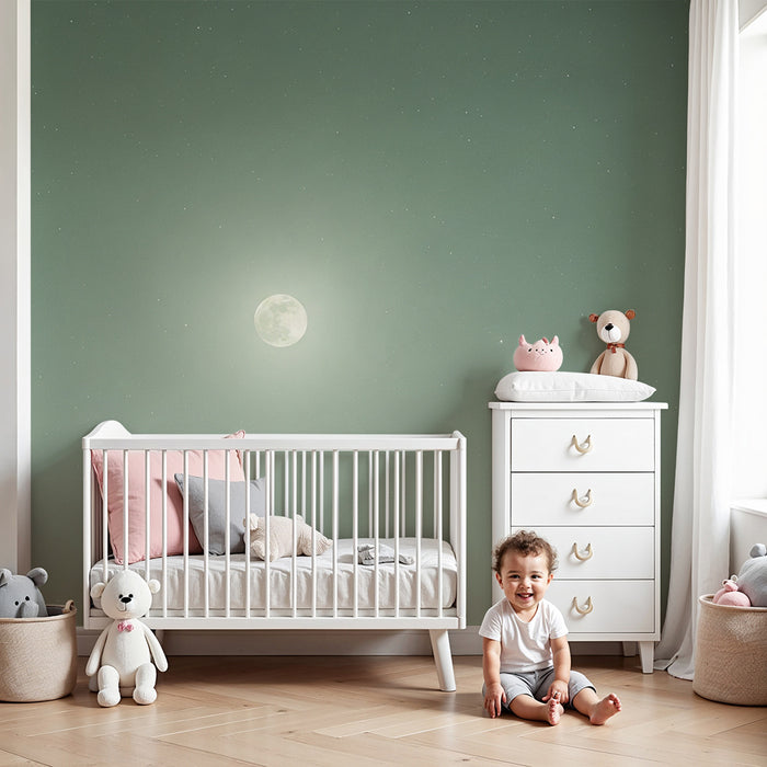Χαρτί τοίχου βρεφικού δωματίου | Αστέρια νύχτας και λαμπερή σελήνη σε πράσινο φόντο